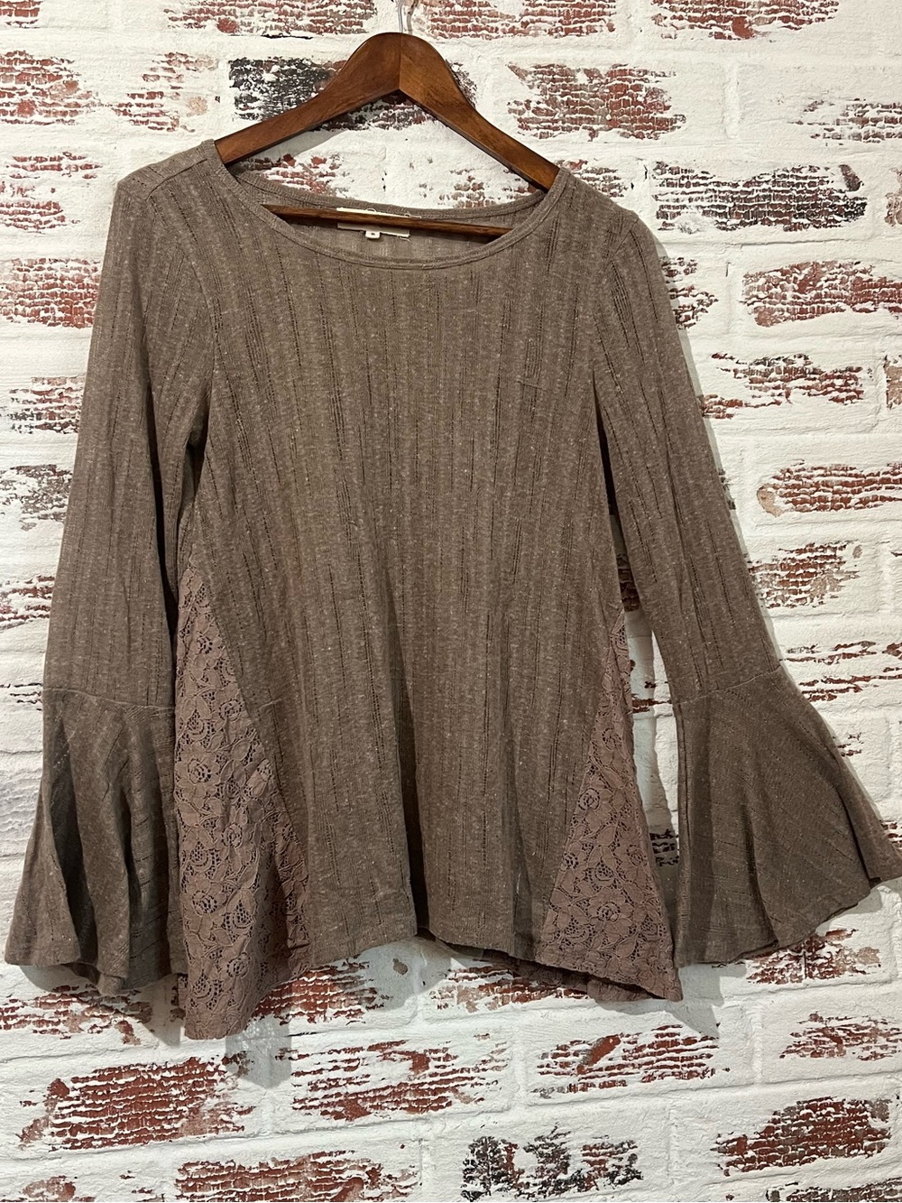Altard State Womens Small Brown Knit Top Bell Sleeve Crochet Lace Trim Boho